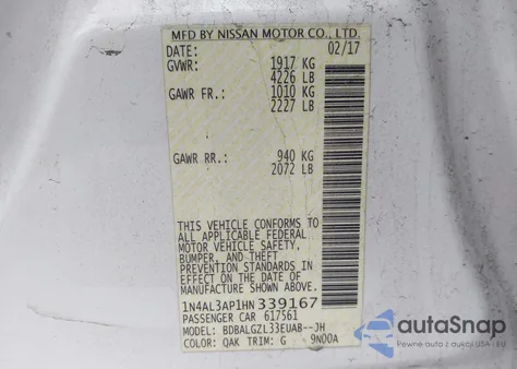 2017 Nissan Altima 2.5 S from USA, damaged, VIN 1N4AL3AP1HN339167